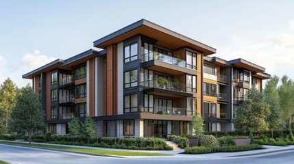 Fototapeta premium Modern apartment building, suburban street, sunny day, landscaping