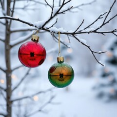 Festive red and green glass balls hang from branch of bare Christmas tree on snowy ground, festivity, festive red, branch