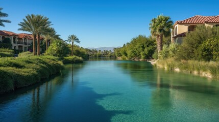 Tranquil Canal Scene With Lush Greenery And Buildings Under Blue Sky;keywords canal,water,vegetation