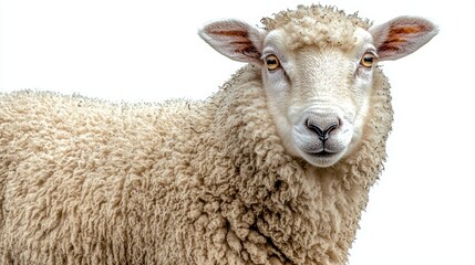 A close-up of a fluffy sheep with a soft expression against a white background.
