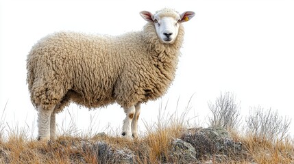 Fototapeta premium A sheep standing on a rocky outcrop in a grassy landscape.
