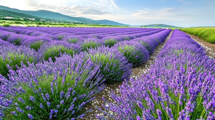 Obraz premium Extensive lavender fields stretch towards distant mountains under bright sky