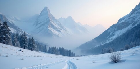 Obraz premium Foggy landscape in a snowy valley with towering peaks in the distance, fog, cold