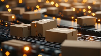 Close-up of multiple cardboard boxes on conveyor belt in a distribution center or warehouse environment