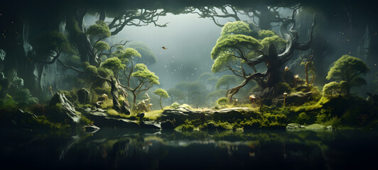 A miniature forest world model was created using delicate origami techniques to create a three-dimensional effect, Ai Generative