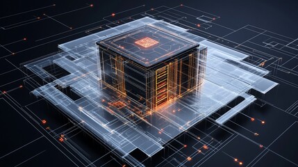 Abstract depiction of a complex digital circuit board with illuminated elements