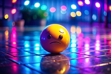 Sad 3D Emoji on Blue and Purple Floor - Panoramic View