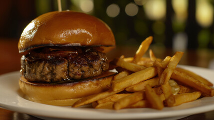 Juicy burger served with crispy fries at a casual dining restaurant in the evening.
