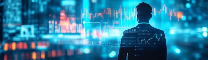 Plakat Businessman viewing market data at night
