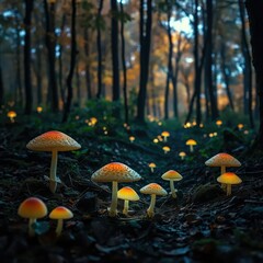 Fototapeta premium Forest floor illuminated by soft glowing mushrooms, woodlands, peaceful