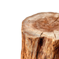 Natural wooden stump table with rustic finish on white background