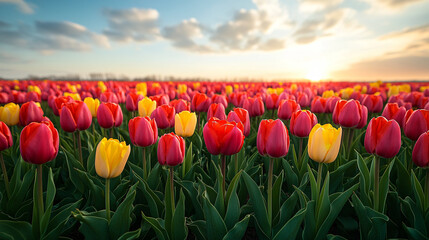 A vibrant field of blooming tulips offers a stunning backdrop for spring celebrations, floral arrangements, gardening events, or travel promotions.