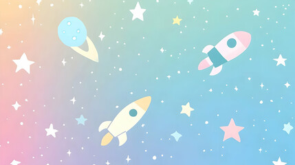 Pastel rockets fly across starry sky; cosmic background for kids