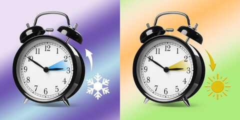 Daylight saving time. Black alarm clocks on color background, collage. Highlighted areas and arrows showing time change by one hour forward and back