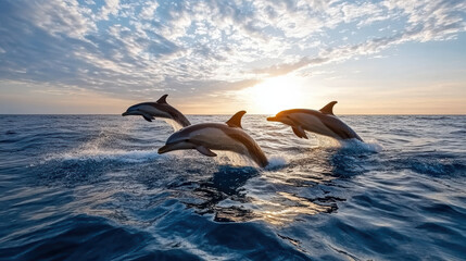 Obraz premium Dolphins leaping joyfully out of ocean at sunset, creating beautiful scene