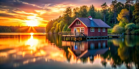 Fototapeta premium Serene Boathouse on Calm Lake at Sunset with Bokeh, Romantic Lakeside Scene