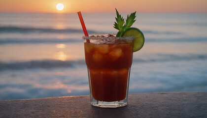 glass of bloody mary cocktail near the beach
