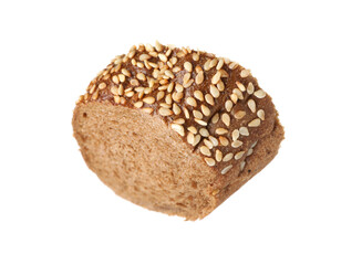 Piece of fresh baguette with sesame isolated on white