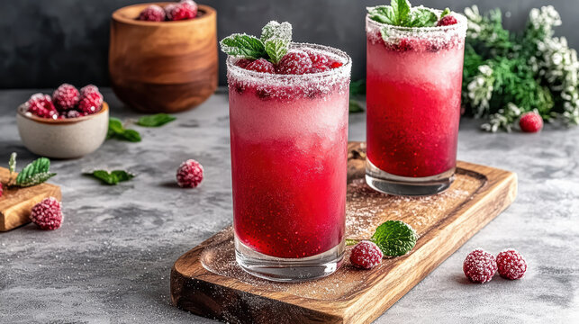 Refreshing berry spritzer with mint and raspberries in tall glasses