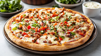 delicious vegan pizza topped with colorful vegetables and herbs