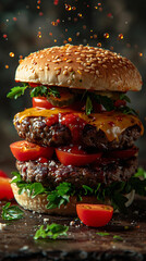 Food photo. Flying hamburger on the dark background