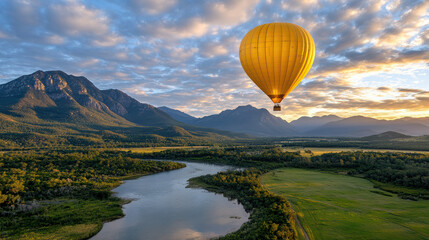 hot air balloon drifts over picturesque mountain landscape at sunset