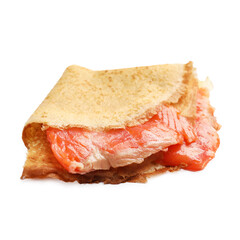 Delicious crepes with salmon isolated on white