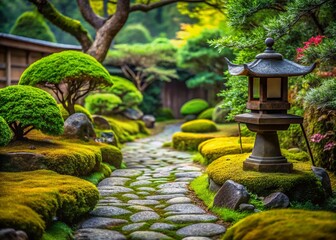 Naklejka premium Serene Japanese Garden: Stone Path, Lantern, and Bonsai - Macro Photography