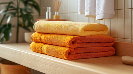 A stack of three bright, orange and yellow towels is placed on the bathroom counter in an elegant, modern style bathroom.