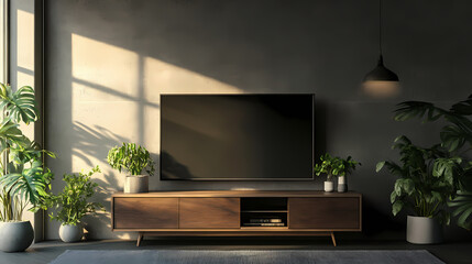 Tv cabinet mockup for a living room with a concrete wall backdrop (night scene). Living Shadow Constructs. Illustration