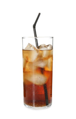 Refreshing cola with ice cubes and drinking straw in glass isolated on white