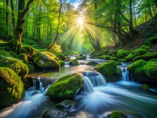 Serene Long Exposure: Flowing Freshwater Stream Beside Lush Greenery