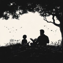 Father and son reading under tree with butterflies, meadow background, for family stories