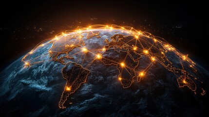 Obraz premium World map with illuminated connections and digital globe showcasing global trade routes and networks
