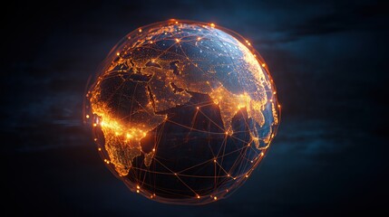 Digital globe with orange and yellow network lines depicting global trade routes and connections