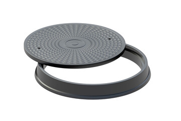 One manhole with cover isolated on white background. Sewer hatch. Canalization cap. 3d render
