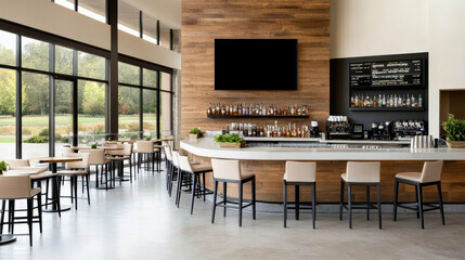 Modern bar setup featuring elegant non alcoholic drinks and spacious layout