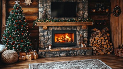 Cozy living room with a stone fireplace, decorated Christmas tree, and presents, creating a festive atmosphere