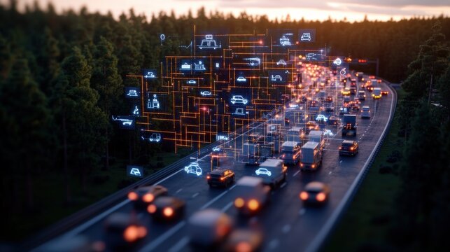 Highway with traffic and digital network overlay showcasing efficient transportation and connectivity