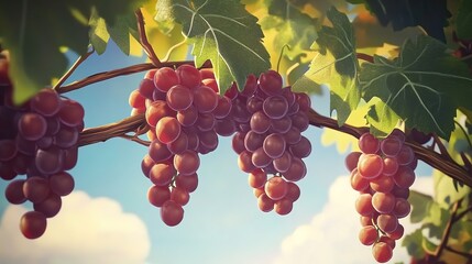 Fresh grapes hanging on the vine in a lush vineyard. Abundant and ripe fruit in nature, agricultural and harvest concepts