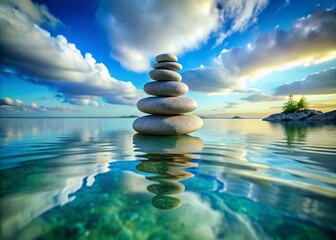 Serene Stacked Zen Stones in Tranquil Water: Inner Peace & Harmony