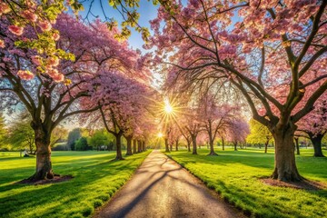 Serene Springtime Scene: Green Park, London - Lush Greenery and Blossoms
