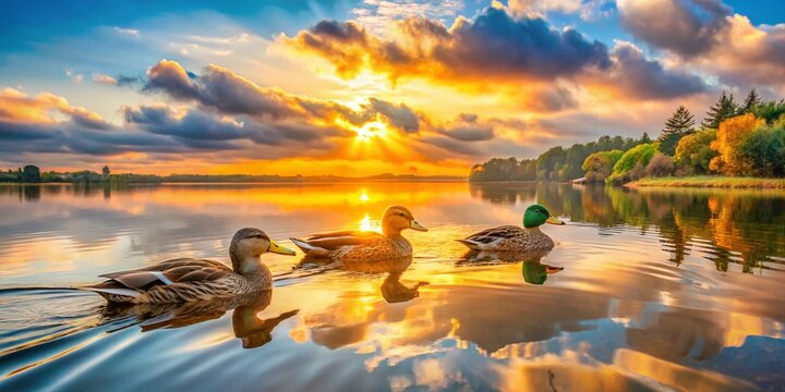Serene Sunrise: Three Ducks Swimming on Calm Water - Panoramic Stock Photo