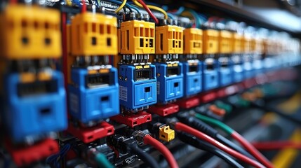Naklejka premium Close-up of colorful electrical components in a control panel setup.