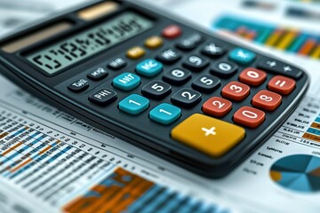 Close-up of a calculator on financial documents, showcasing charts and graphs used for budgeting, planning, and data analysis in modern business environments.