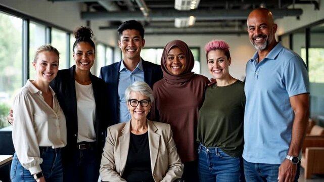 Group of diverse men and women, multiethnic team of businesspeople standing together in office, showing teamwork, inclusion and diversity in workplace with a senior businesswoman in a wheelchair