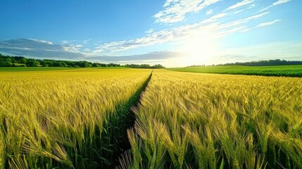 Wide wheat field meets the horizon under a bright sky