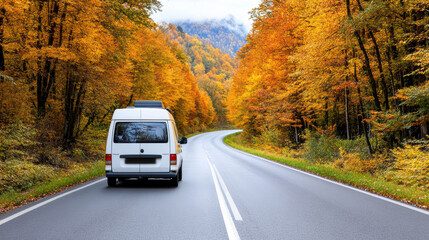 scenic road trip with camper van surrounded by autumn trees
