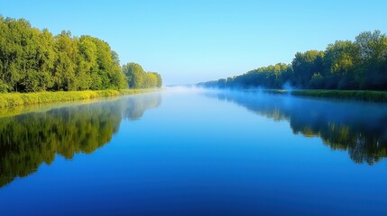 Serene river with morning mist reflects the adjacent green trees