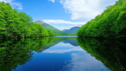 Serene lake surrounded by lush green trees and mountains